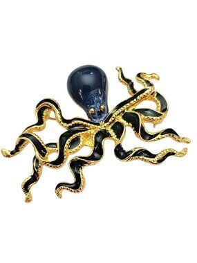 MFA Museum of Fine Arts Teal Blue Octopus Brooch, Pearly Enamel Pin Signed, J724
